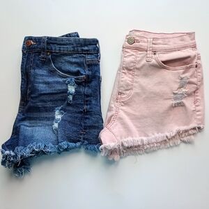 Blue denim high waisted shorts and light pink denim high waisted shorts
